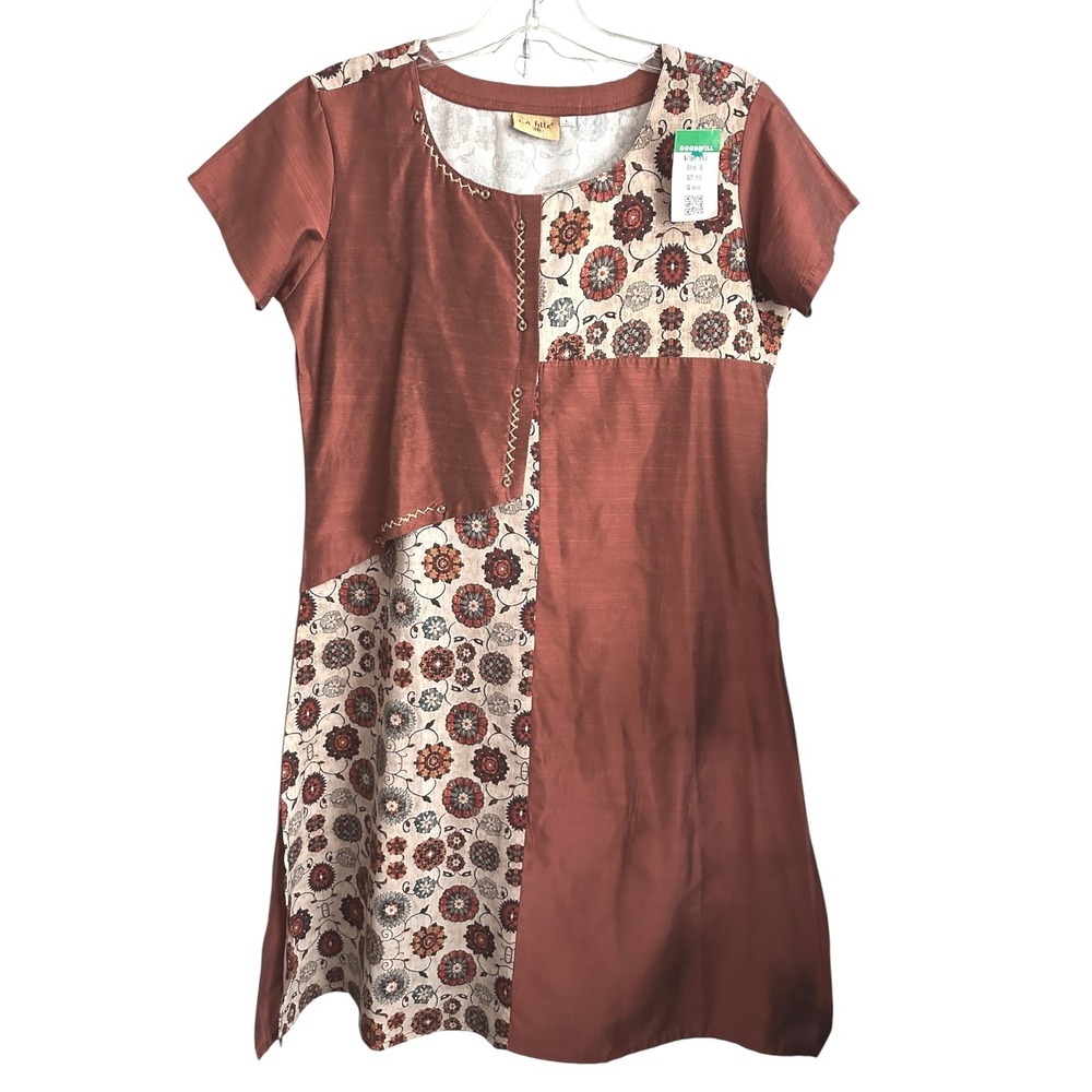 La Fille Women Rust Brown Floral Indian Boho inspired Tunic Dress 90's Arty L